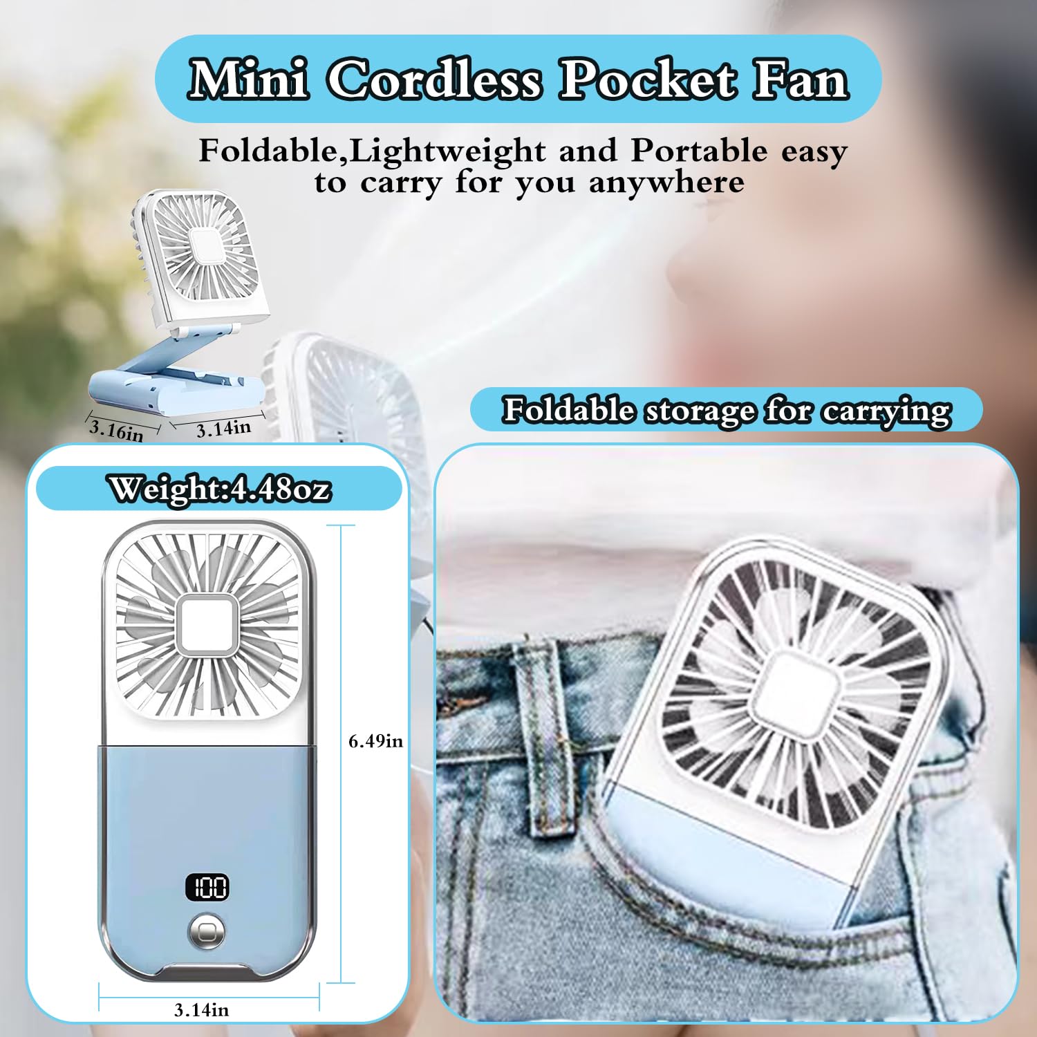 LYAPEONY Foldable Mini Portable Fan, 5 in 1 Design, 3000mAh Rechargeable Battery, 4 Speed Adjustable Wind Speed, Suitable for Travel, Outdoor, Camping, Car (Blue and White)