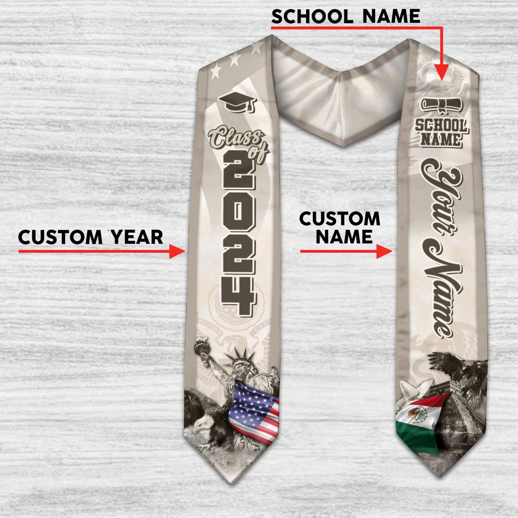 Custom Mexican American Flag Graduation Sash 2024, Mexican Graduation Sash, Mexico Graduation Stole Customize 10