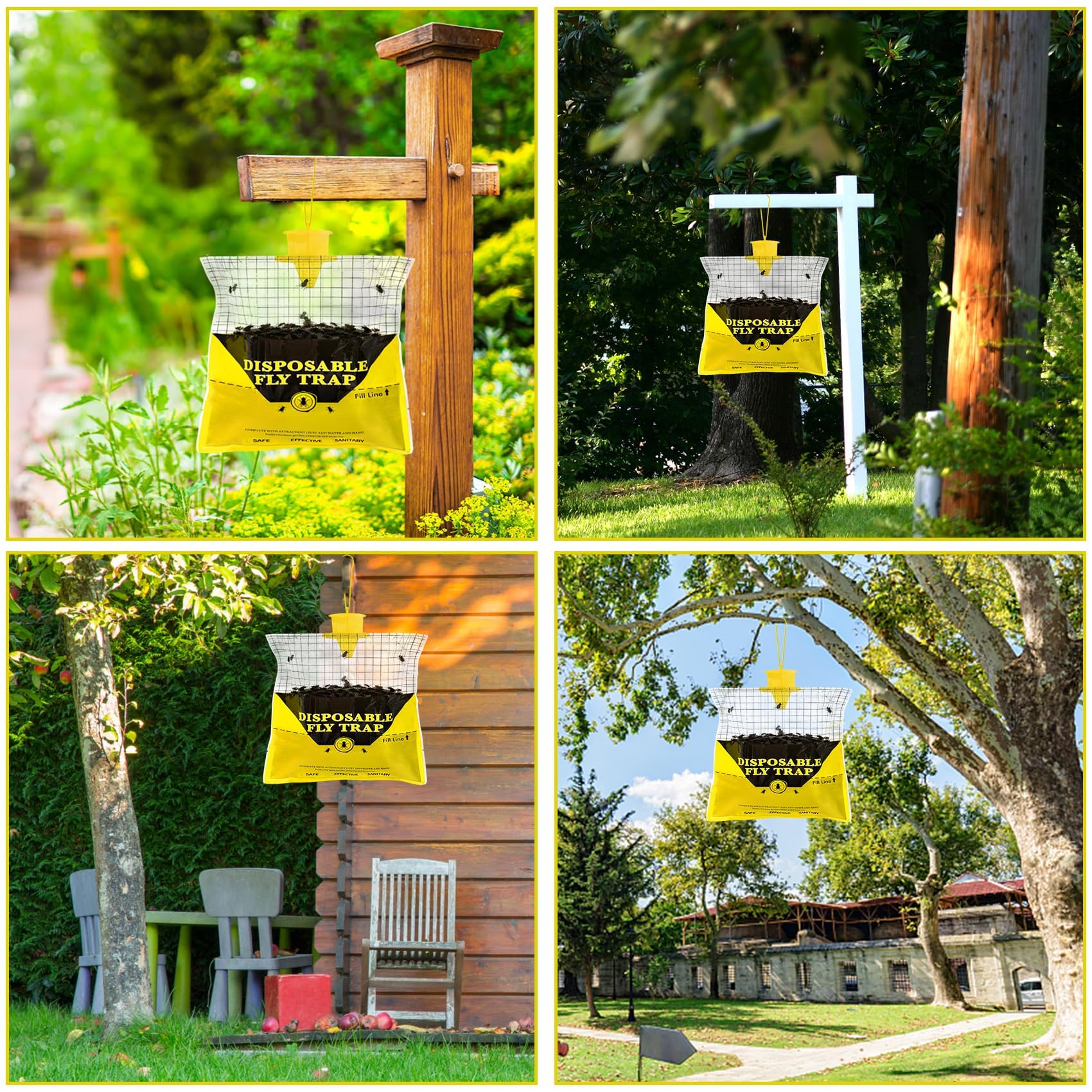 Glovv Fly Traps Outdoor Hanging, 4 Natural Pre-Baited Fly Hunter Stable Horse Ranch Fly Trap, Mosquito Fly Bags Outdoor Disposable Catchers Killer Repellent for Barn Farm Patio & Camping