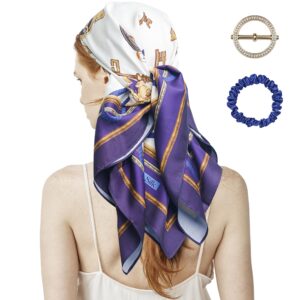 Annika Silk Silk Scarf for Women Elegantly Designed Lightweight 35'' x 35'' Hair Scarf for Sleeping with Hand Seam Silk Scrunchie and Scarf Ring (Navy Blue)