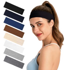 headbands for women 8-pack vibrant yoga & sports sweat headbands - cotton stretchy non-slip hair bands (black,navy blue,blue,brown,khaki,white,light floral gray,dark floral gray,set1)