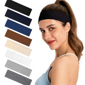 Headbands for Women 8-Pack Vibrant Yoga & Sports Sweat Headbands - Cotton Stretchy Non-Slip Hair Bands (Black,Navy Blue,Blue,Brown,Khaki,White,Light Floral Gray,Dark Floral Gray,Set1)