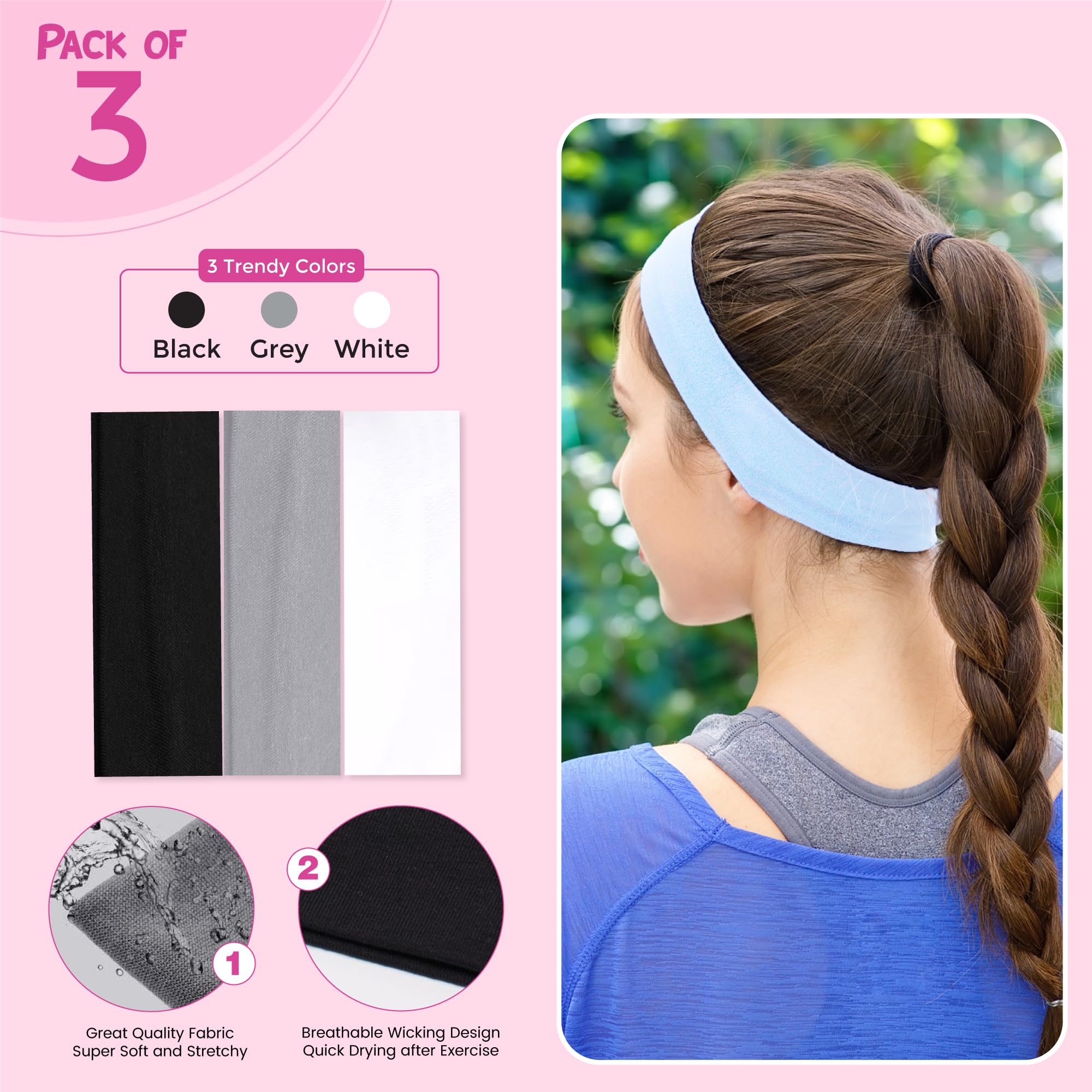 3 PCS Non Slip Headbands, Soft Cloth Sports Headband, Elastic Hairband, Headbands for Women Non Slip, Headbands for Women for Daily Workout Yoga Running and Sports