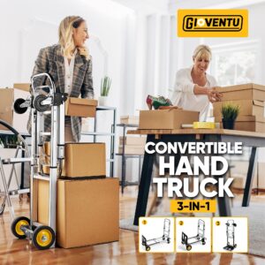 Upgraded Convertible Hand Truck Dolly, 3 in 1 Folding Hand Truck 440 lbs Capacity, Aluminum Utility Dolly Cart with Rubber Brake-Wheels, Anti-Slip Strip & 2 Bungee Ropes for Luggage Moving Warehouse