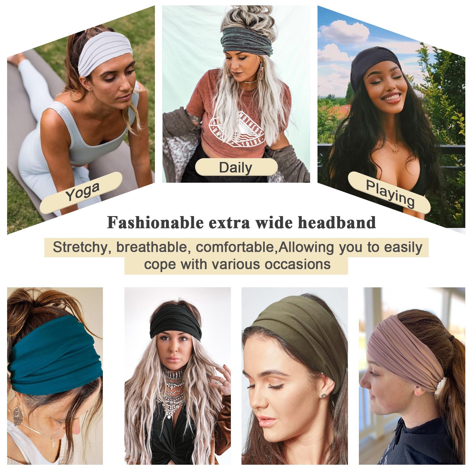 XTREND 6 Packs Wide Boho Headbands for Women Stretch Fashion Headband Extra Large Turban Headband for Yoga, Working Out, Travel or Running Black Hairband Girls Accessories (Black)