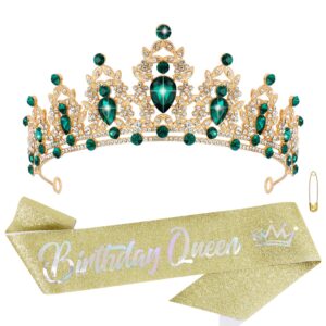 Atoden Green Birthday Crown and Birthday Queen Sash Tiara Birthday Girls Women Crystal Crown Princess Birthday Party Decorations Rhinestone Happy Birthday Accessories for Party Birthday Gifts