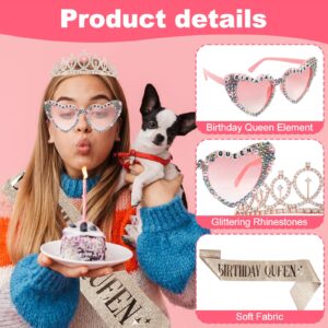 Foxtell Birthday Glasses Birthday Sash and Tiara for Women Rhinestone Crown and Sash for Girls Women Birthday Party Decoration Kit Crystal Glasses and Rose Gold Hair Accessories