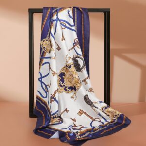 Annika Silk Silk Scarf for Women Elegantly Designed Lightweight 35'' x 35'' Hair Scarf for Sleeping with Hand Seam Silk Scrunchie and Scarf Ring (Navy Blue)