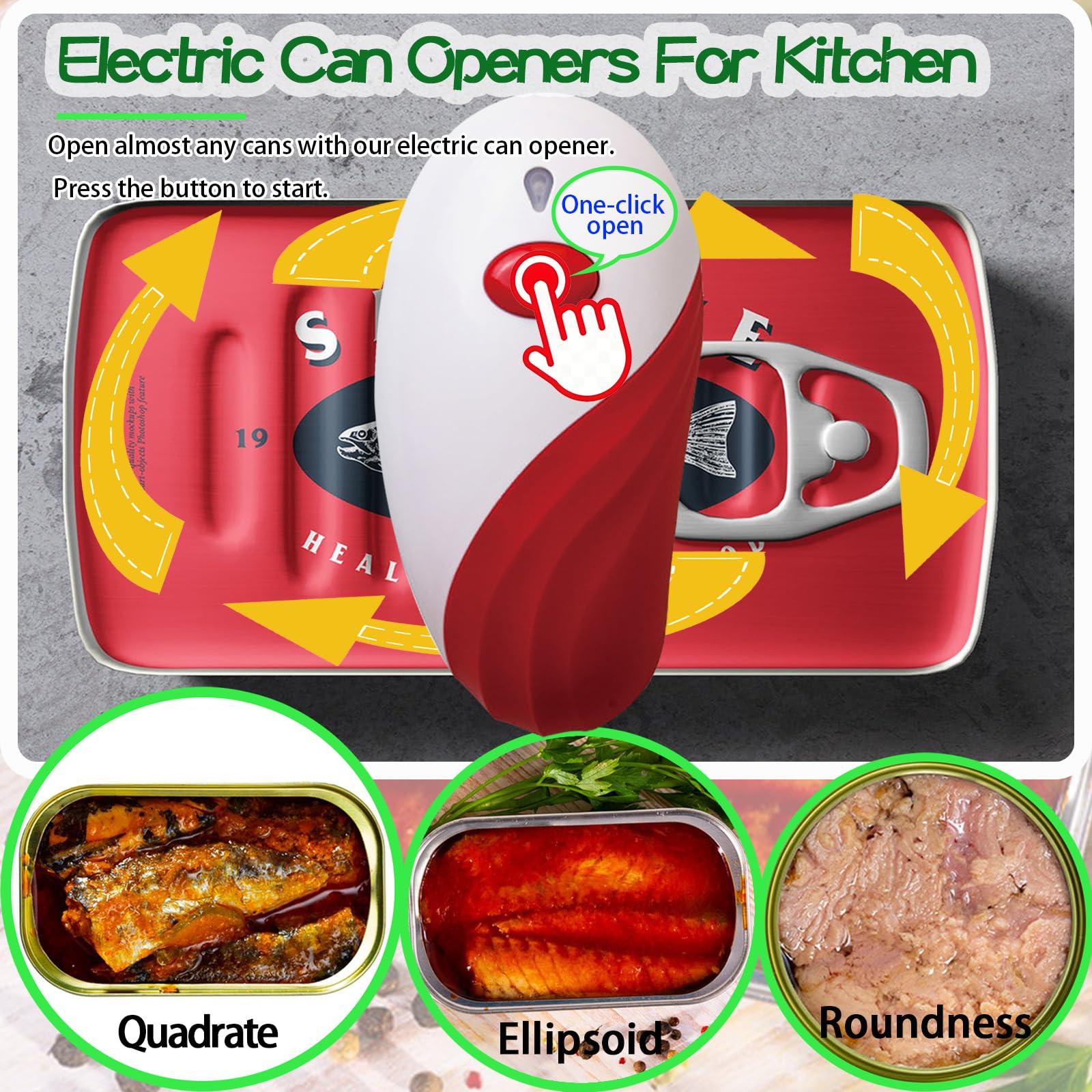 VEMJO Electric Can Opener For Kitchen One Touch Automatic Can Opener Electric for Almost Cans Hands Free Battery Operated Can Opener For Seniors and Arthritis Smooth Edge Food-Safe (Red), Large