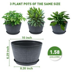 Quarut 10 Inch Flower Pots Planters for Outdoor Indoor, 3 Pack Plastic Plant Pots with Drainage Hole & Tray, Modern Decorative Garden Pot with Saucer, planters for House (Gray)