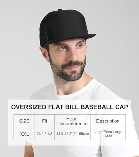 Oversize XXL Blank Flatbill Mesh Snapback Cap Black 2XL, XXL Flat Bill Hat 6 Panel Camper Style