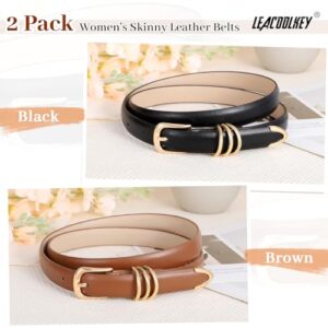 LEACOOLKEY 2 Pack Women's Skinny Faux Leather Belt with Gold Buckle Thin Waist Belt for Jeans Pants, Black/Brown