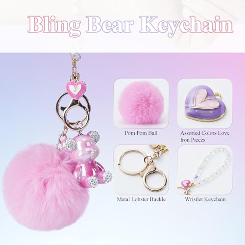 HONYJOOM Teddy Bear Keychain， Pink Keychain Accessories， Key Chains Women Cute， Puff Ball Keychain (Pink)