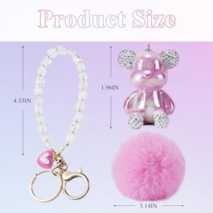 HONYJOOM Teddy Bear Keychain， Pink Keychain Accessories， Key Chains Women Cute， Puff Ball Keychain (Pink)