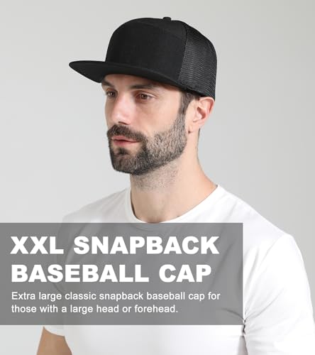 Oversize XXL Blank Flatbill Mesh Snapback Cap Black 2XL, XXL Flat Bill Hat 6 Panel Camper Style