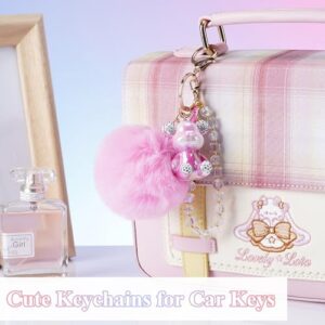 HONYJOOM Teddy Bear Keychain， Pink Keychain Accessories， Key Chains Women Cute， Puff Ball Keychain (Pink)