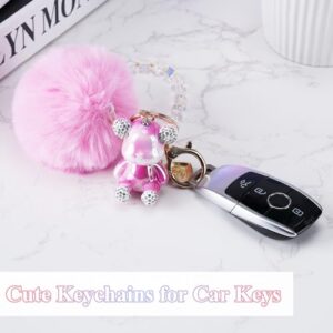 HONYJOOM Teddy Bear Keychain， Pink Keychain Accessories， Key Chains Women Cute， Puff Ball Keychain (Pink)