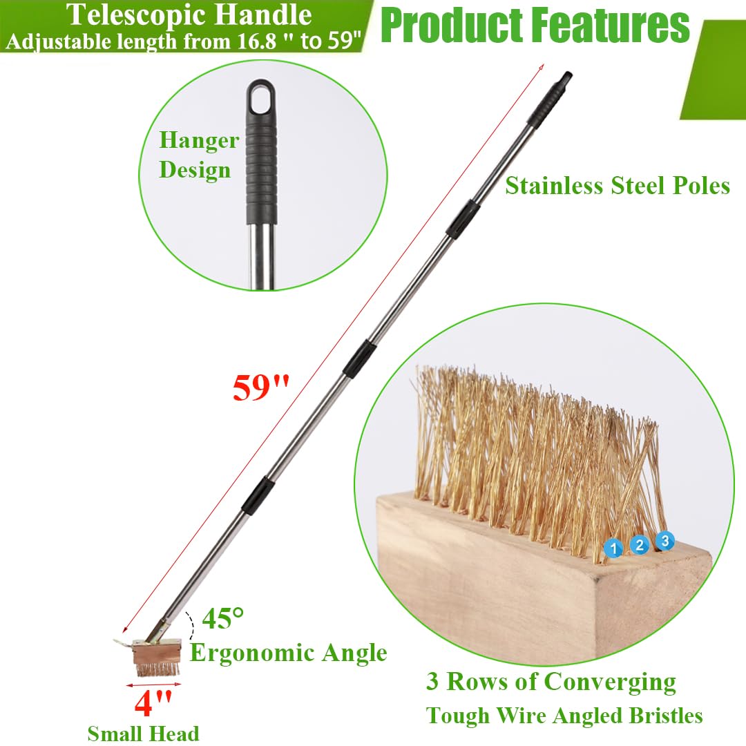 Weed Remover Manual Crevice Weeding Brush Long Handle, Crack Weeder, Stainless Steel Moss Removal Puller for Cleaning Block Paving Grout Deck Paver Patio Walkway Driveway