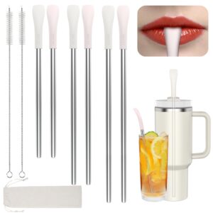 outxe anti wrinkle straw 6 pcs, stainless steel drinking straw for stanley 40 oz 30 oz tumbler, reusable wrinkle free long metal straw for lip with cleaning brush and carrying bag