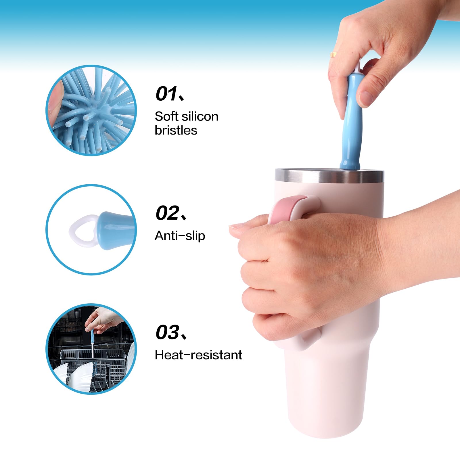 KEUYE 3 Pack Cup Cleaning Kit Compatible with Stanley,Multipurpose Cup Cleaner Kit with Extra Long Nylon Straw Brush Cleaner,3 in 1 Bottle Gap Cleaner and Long Handle Silicone Brush Cleaner