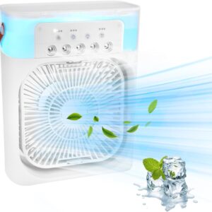 Portable Ice Fan Air Cooler With water For Frost Cube Fan, 3 In 1 Mist Mini Evaporative Cooling Fan with LED, Timer, 3 Wind Speeds 3 Spray Modes for Home Office Bedroom Table and Desktop