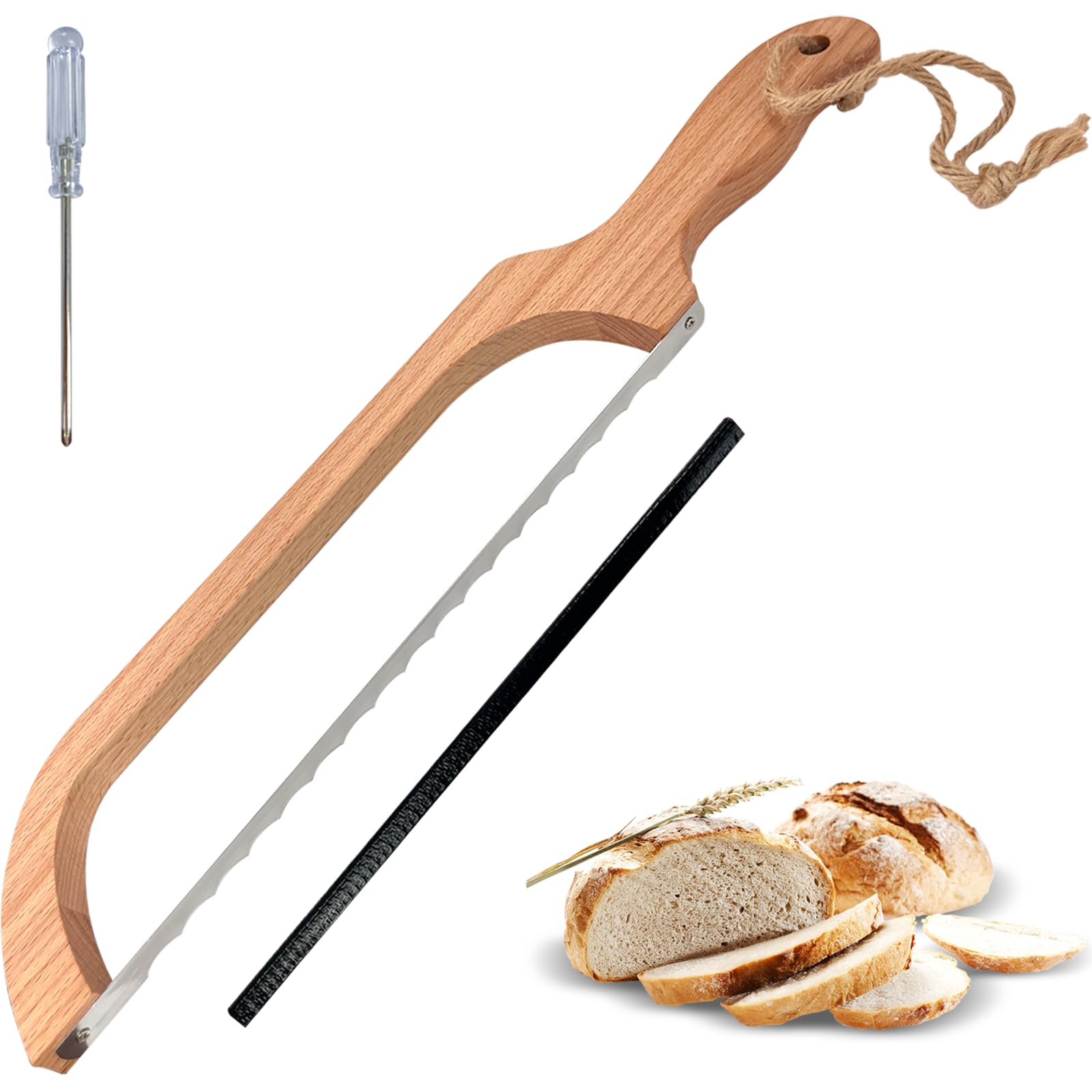 ROYOROYI Bread Slicer for Homemade Bread,16" Wooden Sourdough Bread knife with Bow Design,Premium Stainless Steel Serrated Saw Bread cutter for Bagels, Baguettes and More