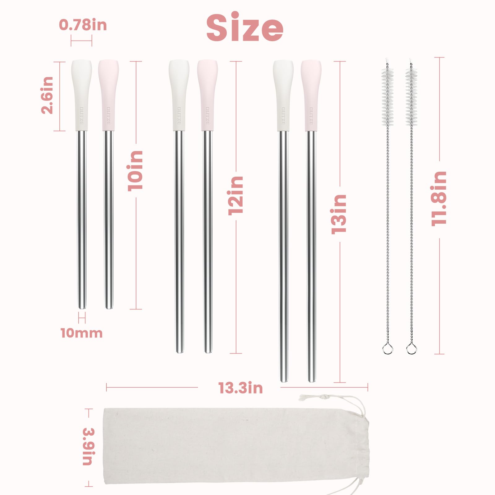 OUTXE Anti Wrinkle Straw 6 Pcs, Stainless Steel Drinking Straw for Stanley 40 oz 30 oz Tumbler, Reusable Wrinkle Free Long Metal Straw for Lip with Cleaning Brush and Carrying Bag