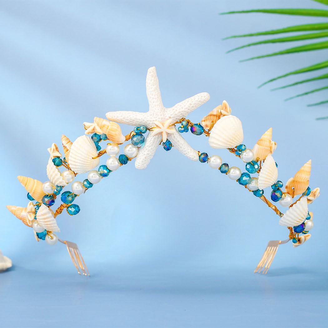 BARTOSI Boho Starfish Bride Wedding Tiaras and Crowns Gold Seashell Bridal Headbands Sea Star Beach Wedding Headwear for Women