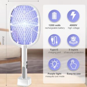 2PACK Electric Fly Swatter,4000V Bug Zapper Racket,2 in 1 Mosquito Zapper Racket with 1200ml Battery Rechargeable Purple Mosquito Killer Lamp with 3 Layers Safety Net Suitable for Indoor and Outdoor