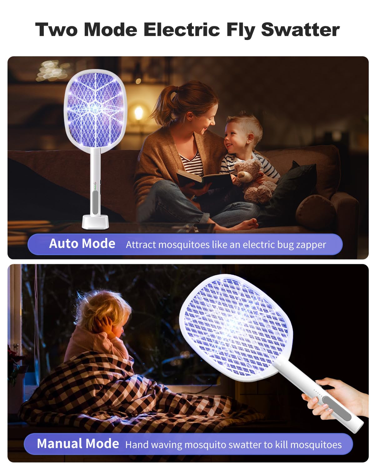 2PACK Electric Fly Swatter,4000V Bug Zapper Racket,2 in 1 Mosquito Zapper Racket with 1200ml Battery Rechargeable Purple Mosquito Killer Lamp with 3 Layers Safety Net Suitable for Indoor and Outdoor