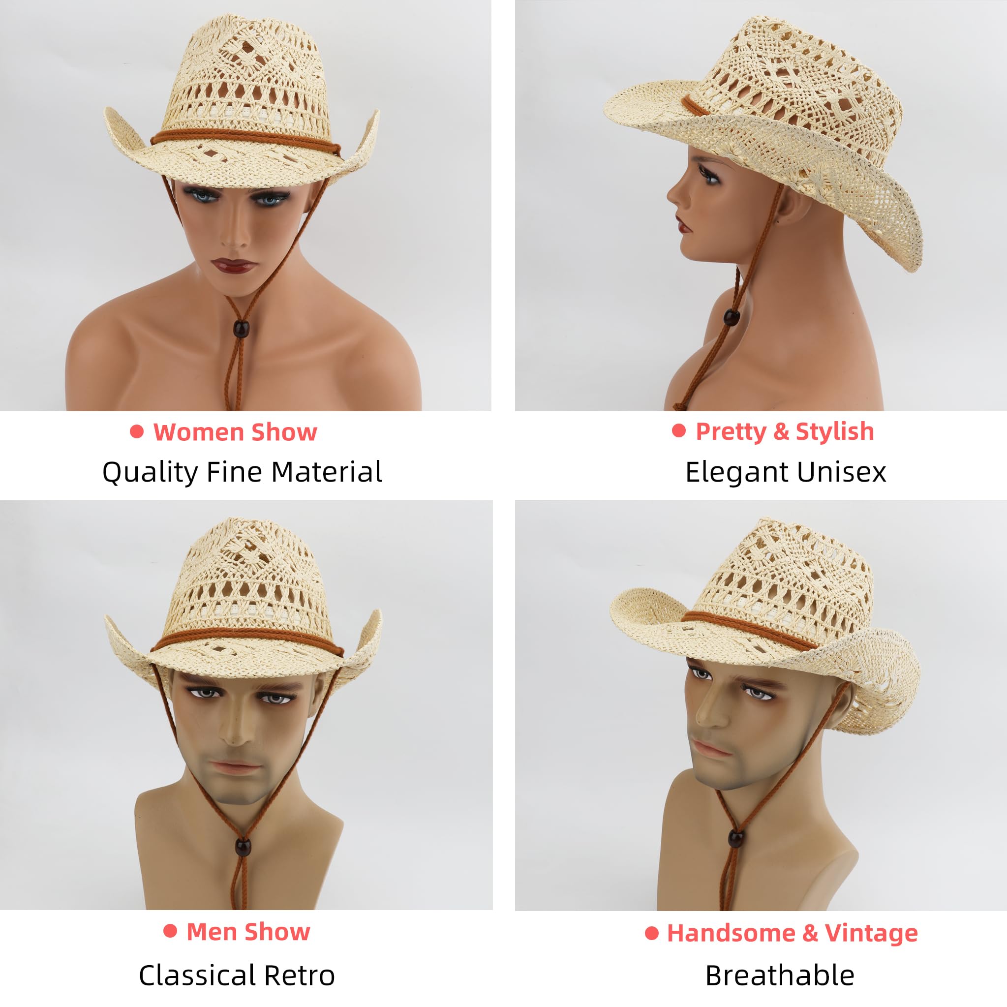 Melesh Adult Straw Sun Beach Western Cowgirl Cowboy Hat for Women (US, Alpha, One Size, Beige)