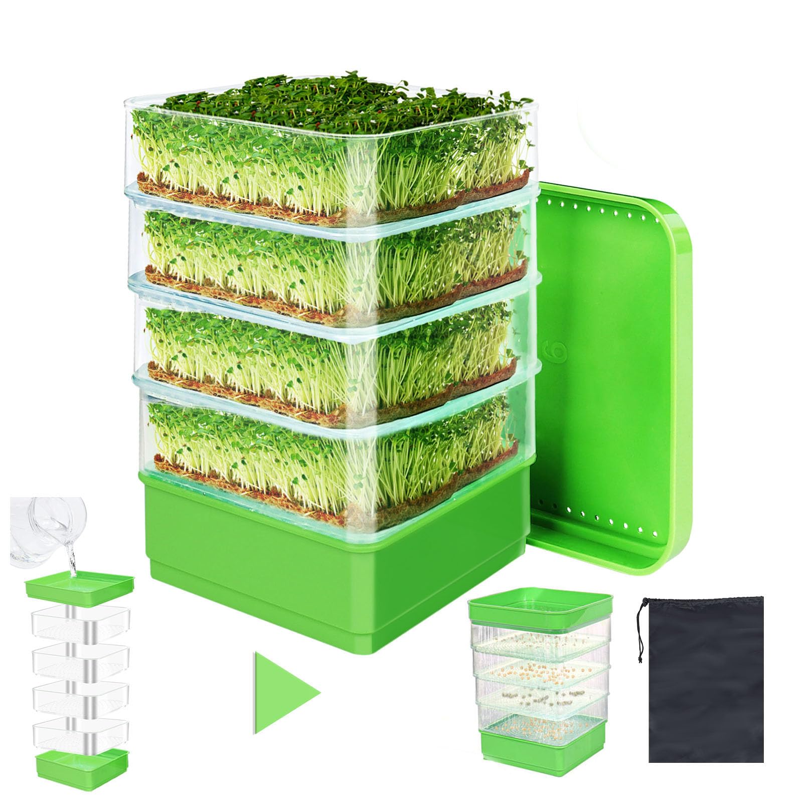 PHAIN 4-Tier Seed Sprouting Kit with Drain Holes and Drain Tray, Upgrade Stackable Microgreens Fresh Organic Bean Seed Sprouter Tray Ripple Soil-Free Sprouter Tray for Beans Alfalfa Seeds