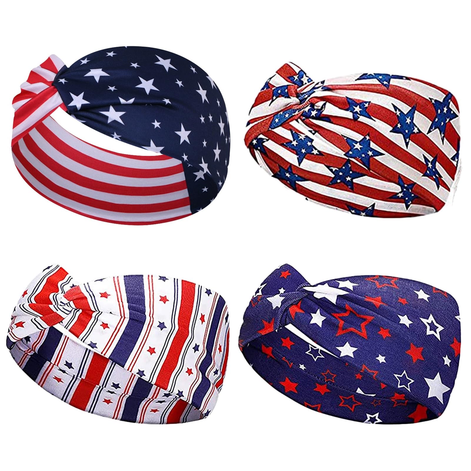 IDDFEVE 4Pcs 4th of July Headbands for Women, Wide Knot Patriotic Independence Day Holiday Hair Band, USA Flag Star Hair Accessory (Star)