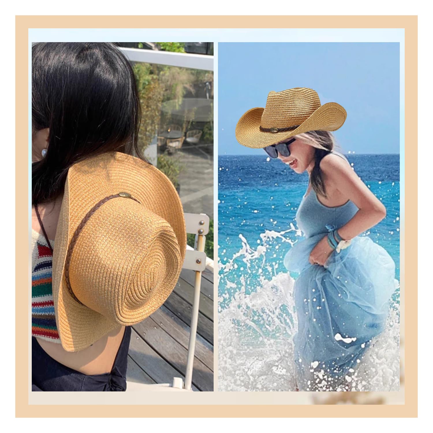 Straw Cowboy Hats Straw Cowgirl Hat Wide with Shapeable Wide Brim Foldable Vacation Beach Sun Hat for Women Men,Khaki