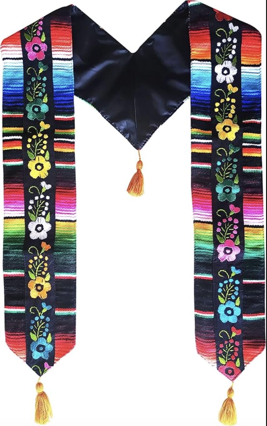 KR BANNERS & CO. Mexican Serape Stole for Graduation, Embroidered Flowers, Latin Ethnicity, Roots and Pride, Ideal for 2024 Graduate