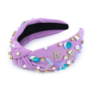 Jaciya Pearl Headband for Girls Rhinestone Headband for Women Wide Knotted Purple Headband for Women Starfish Head Band Mermaid Birthday Party Decorations