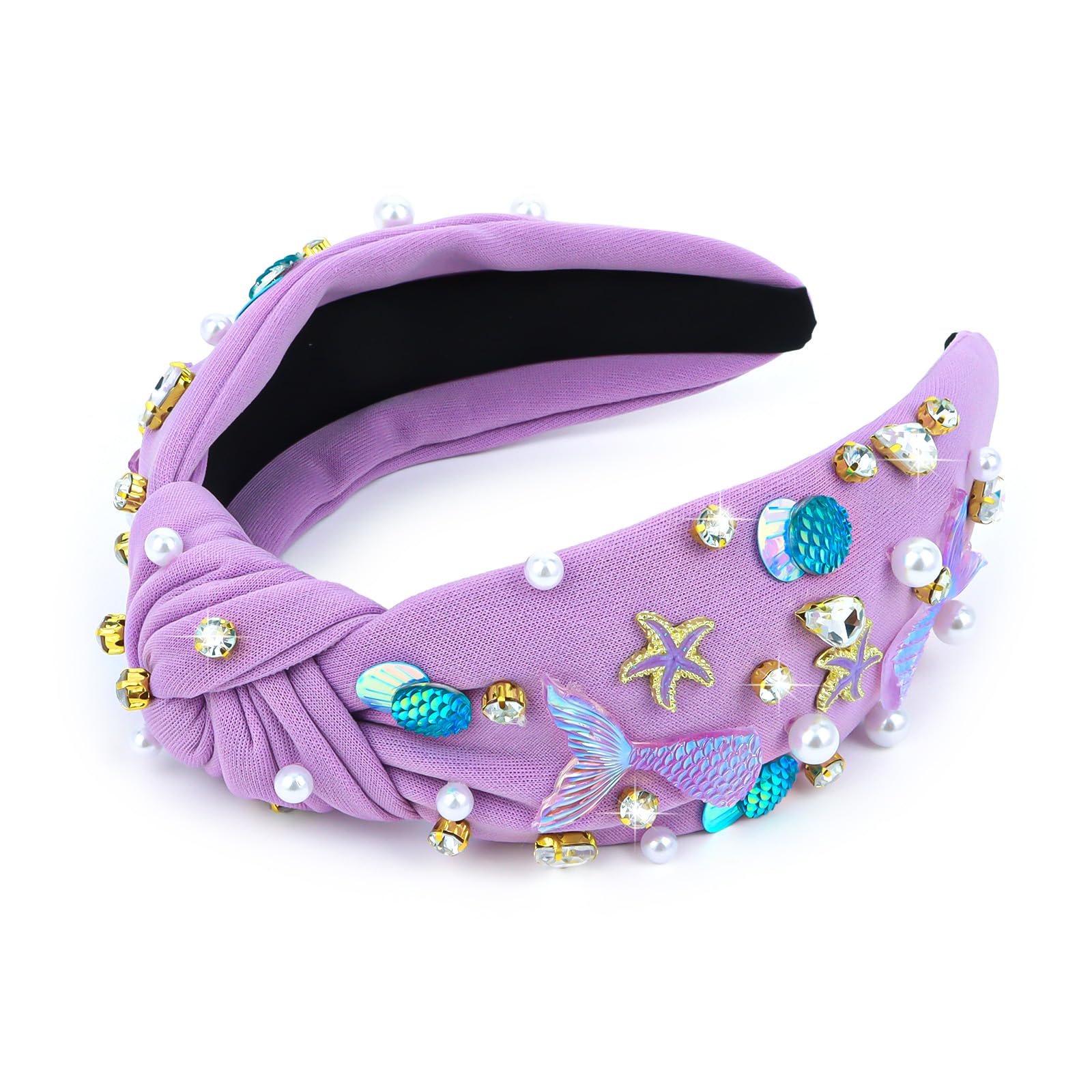 Jaciya Pearl Headband for Girls Rhinestone Headband for Women Wide Knotted Purple Headband for Women Starfish Head Band Mermaid Birthday Party Decorations