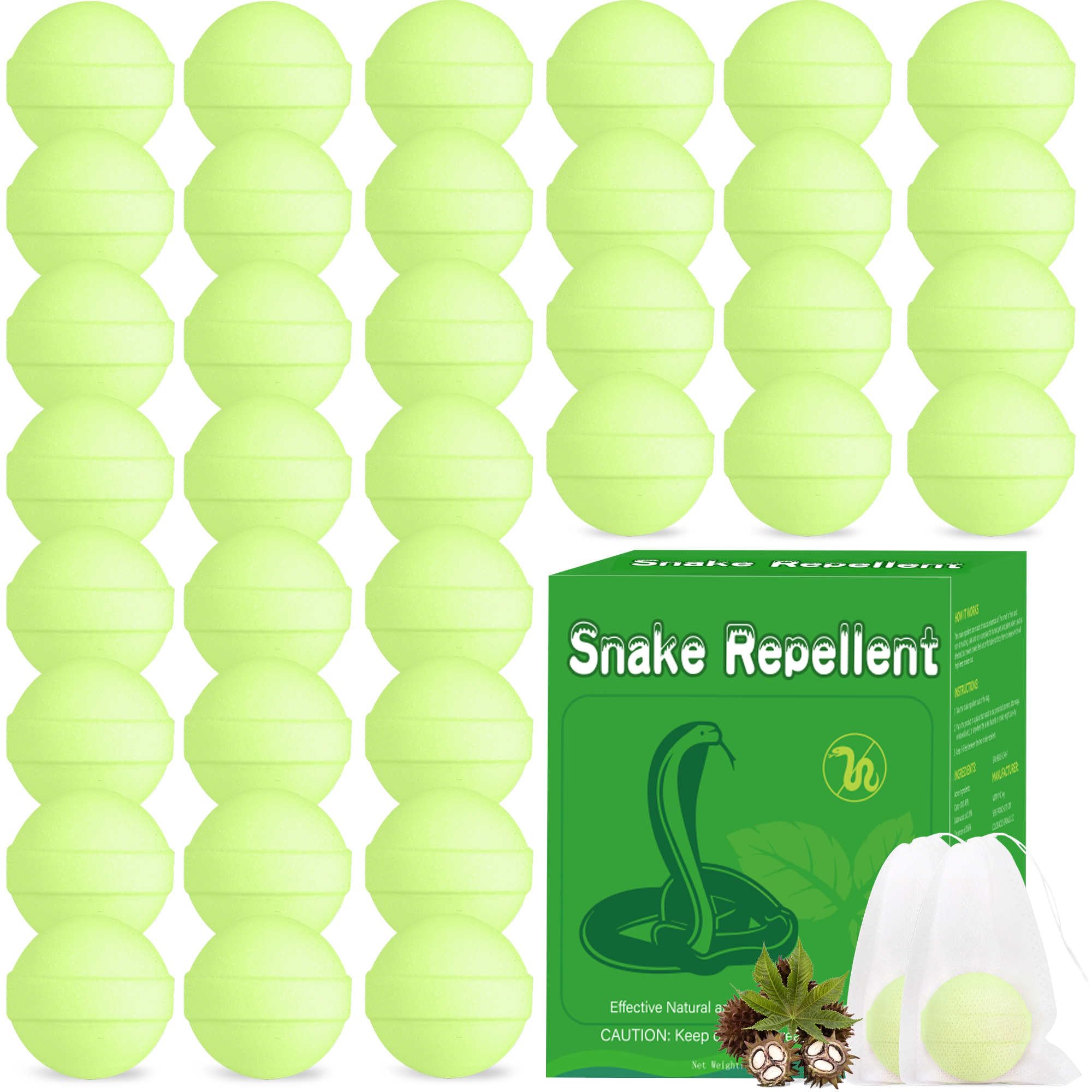 36 Pack Snake Repellent for Yard, Powerful Outdoor & Indoor Snake be Gone for Garden Lawn, Natural Snake Repellent Moth Balls for Outdoor Camping Fishing, Effective Repels Snakes Pets Safe Balls Green