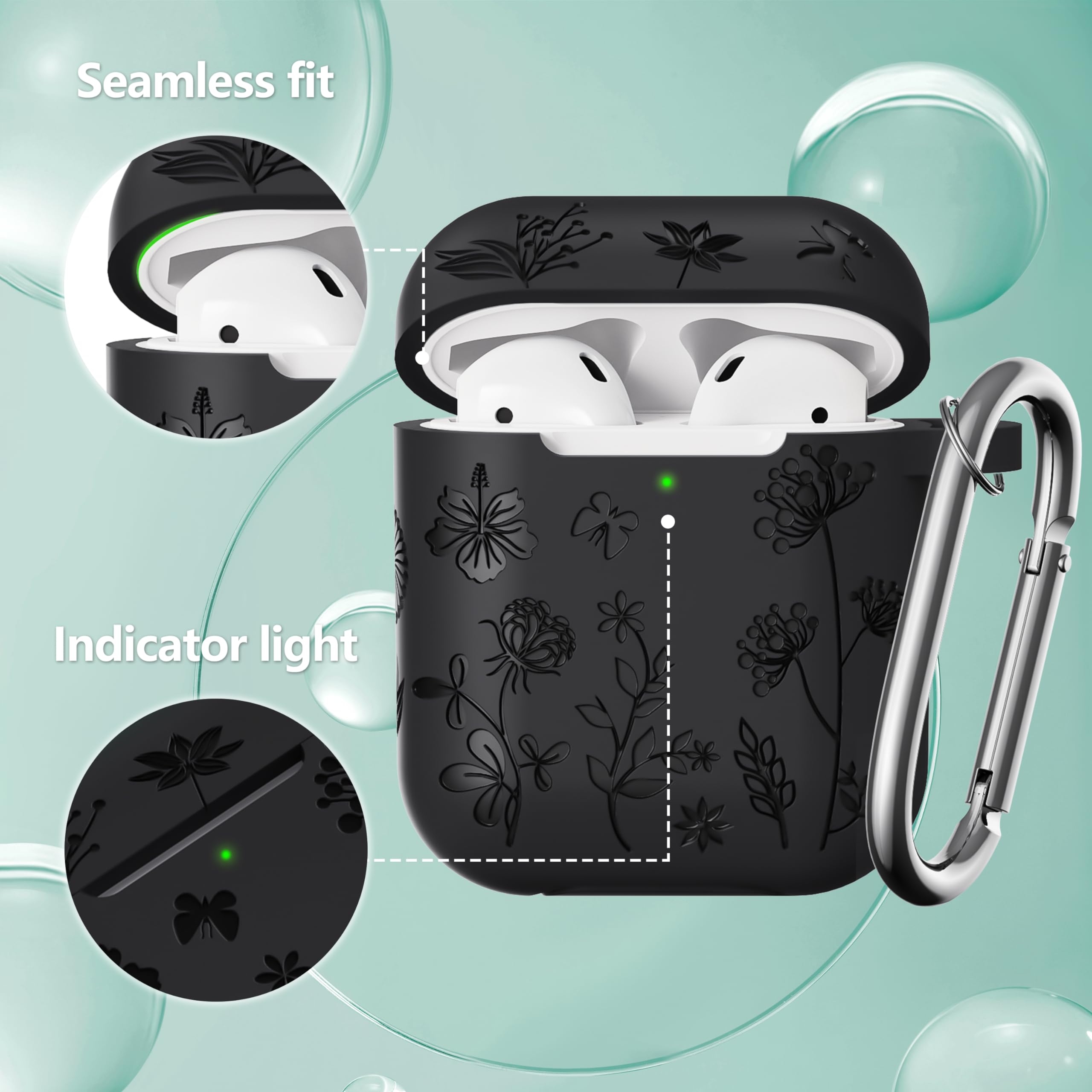 DXITROMI Compatible with Airpods Case - Flower Engraved Soft Silicone Case for Airpods 2nd Generation Case - Cute Case for Airpods Case 1st/2nd Generation with Cleaner Kit & Keychain (Black)