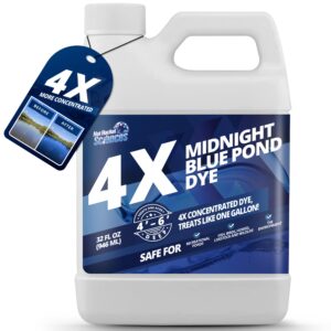 midnight blue pond dye 4x concentrate, dark natural looking blue pond dye for beautiful, deep blue pond, super concentrate pond dye blue, protects against sunlight, safe for fish & wildlife, 32 oz