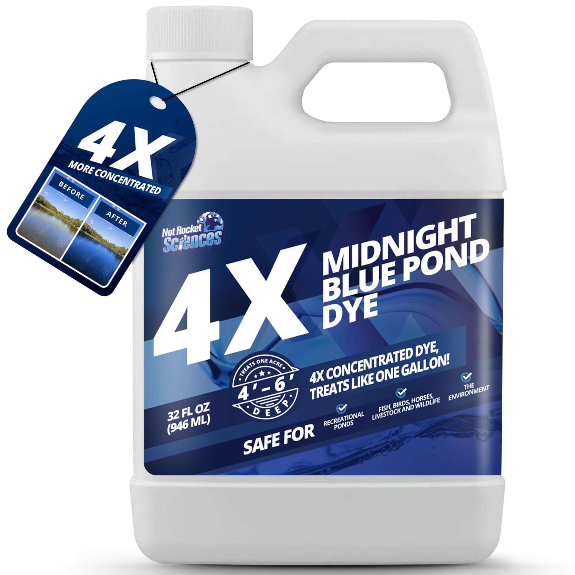 Midnight Blue Pond Dye 4X Concentrate, Dark Natural Looking Blue Pond Dye for Beautiful, Deep Blue Pond, Super Concentrate Pond Dye Blue, Protects Against Sunlight, Safe for Fish & Wildlife, 32 oz