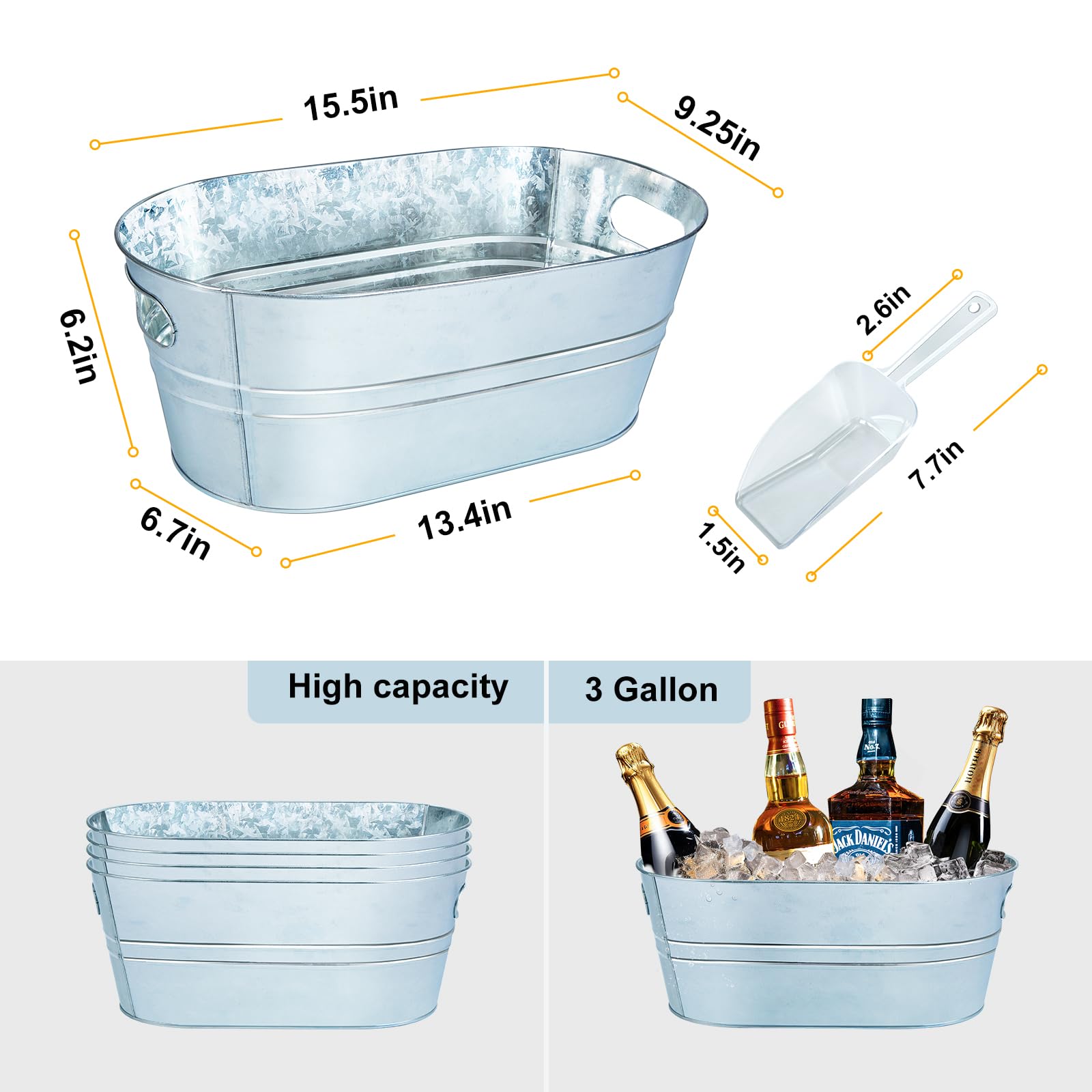 4 Pack Galvanized Metal Ice Buckets, 3 Gallon Large Ice Buckets for Parties Wine Beverage Tub with Carry Handle for Home/Bar Beer Champagne Cocktails Cooling Supplies