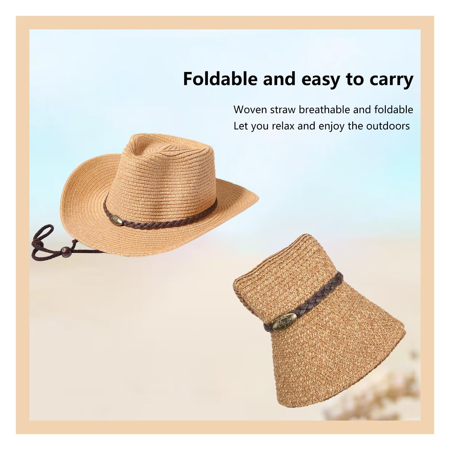 Straw Cowboy Hats Straw Cowgirl Hat Wide with Shapeable Wide Brim Foldable Vacation Beach Sun Hat for Women Men,Khaki