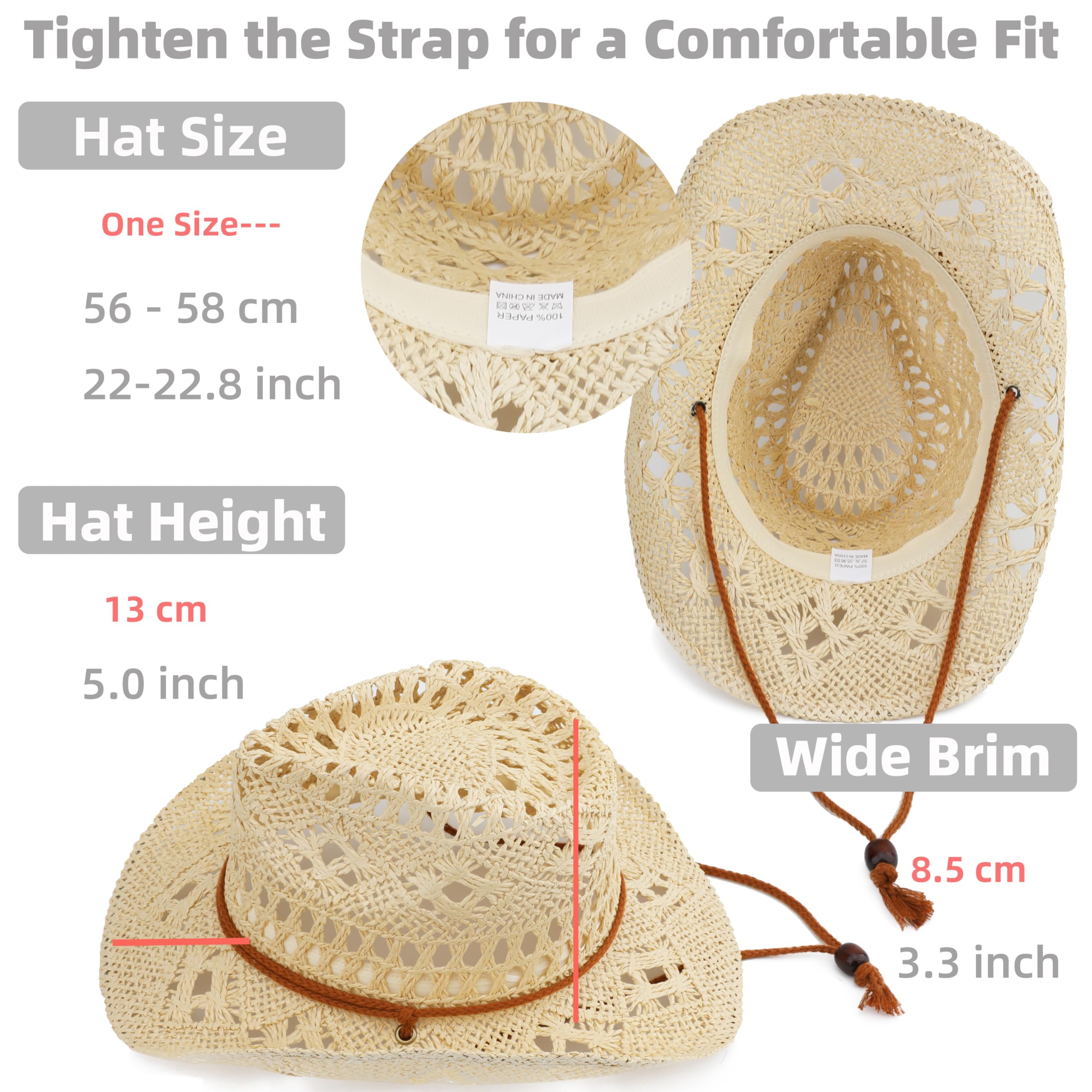 Melesh Adult Straw Sun Beach Western Cowgirl Cowboy Hat for Women (US, Alpha, One Size, Beige)