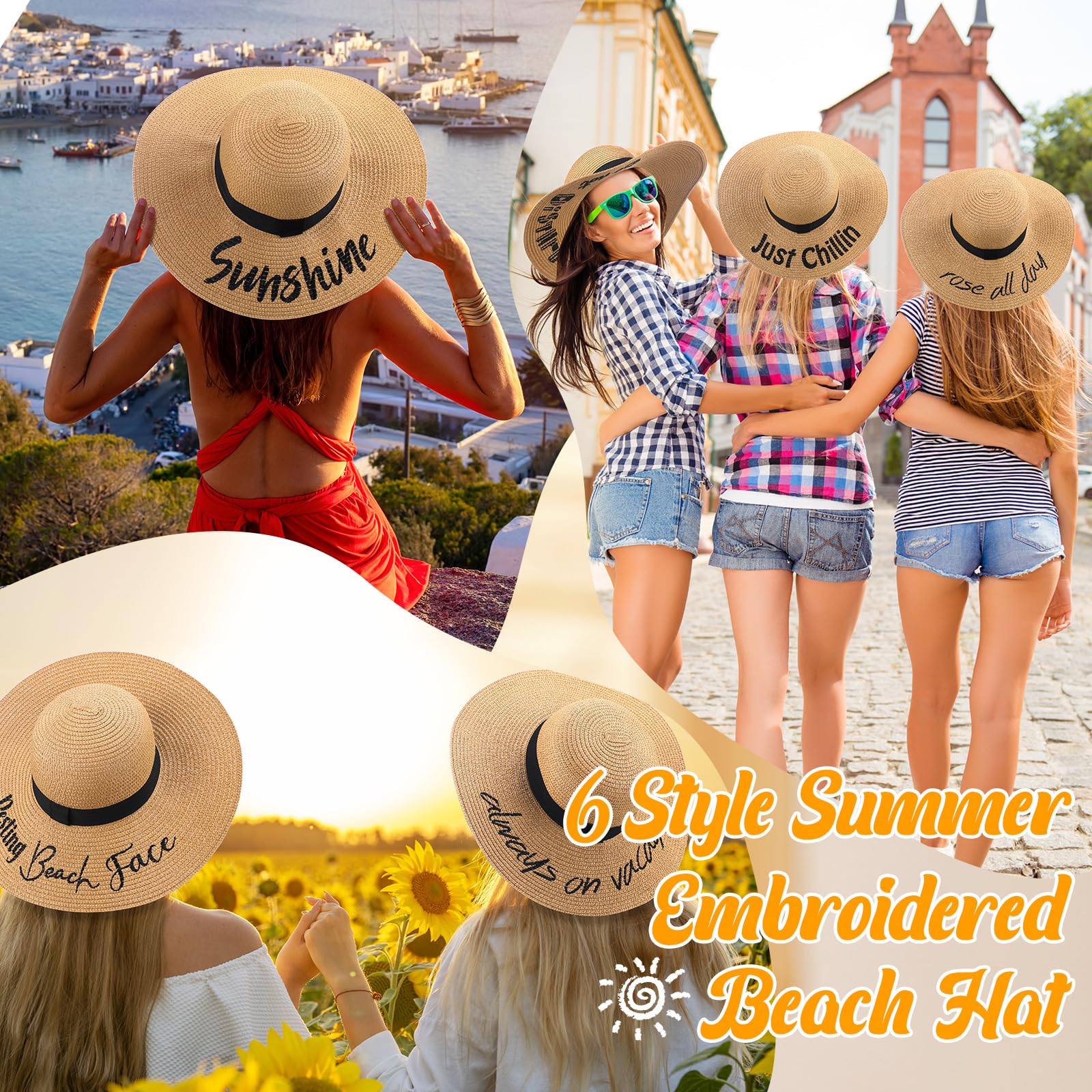 Sureio 12 Pcs Beach Hats for Women 6 Style Embroidered Straw Hat Large Brim Floppy Adjustable Summer Sun Hat for Vocation