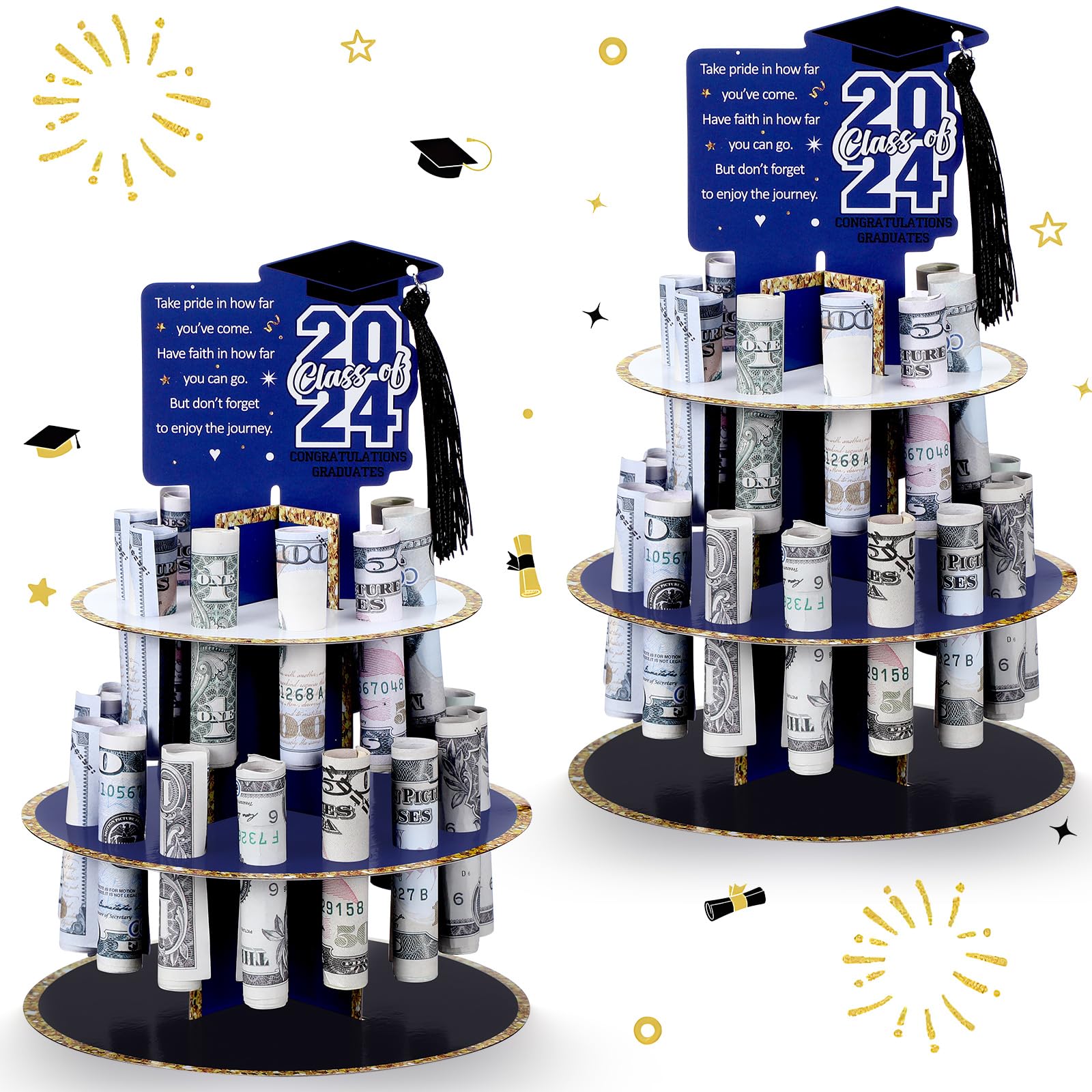 Spakon 2 Pcs 2024 Graduation Money Holder for Cash Gift Graduation Gift Money Holder Tower Tiered Cash Cake with 25 Holes for Congrats Grad Class of 2024 Graduation Party Supplies Decorations