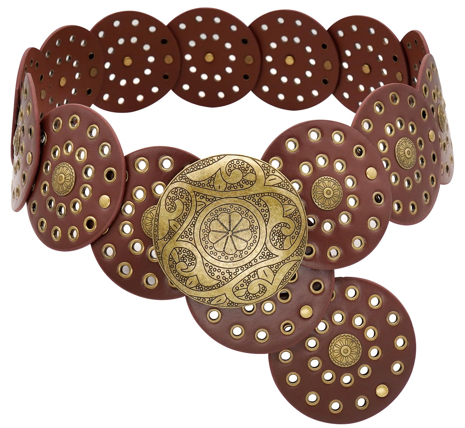 WULIQIUQIU Wide Disc Belt for Women Boho Concho Leather Belts Vintage Western Waist Belt 115CM Brown