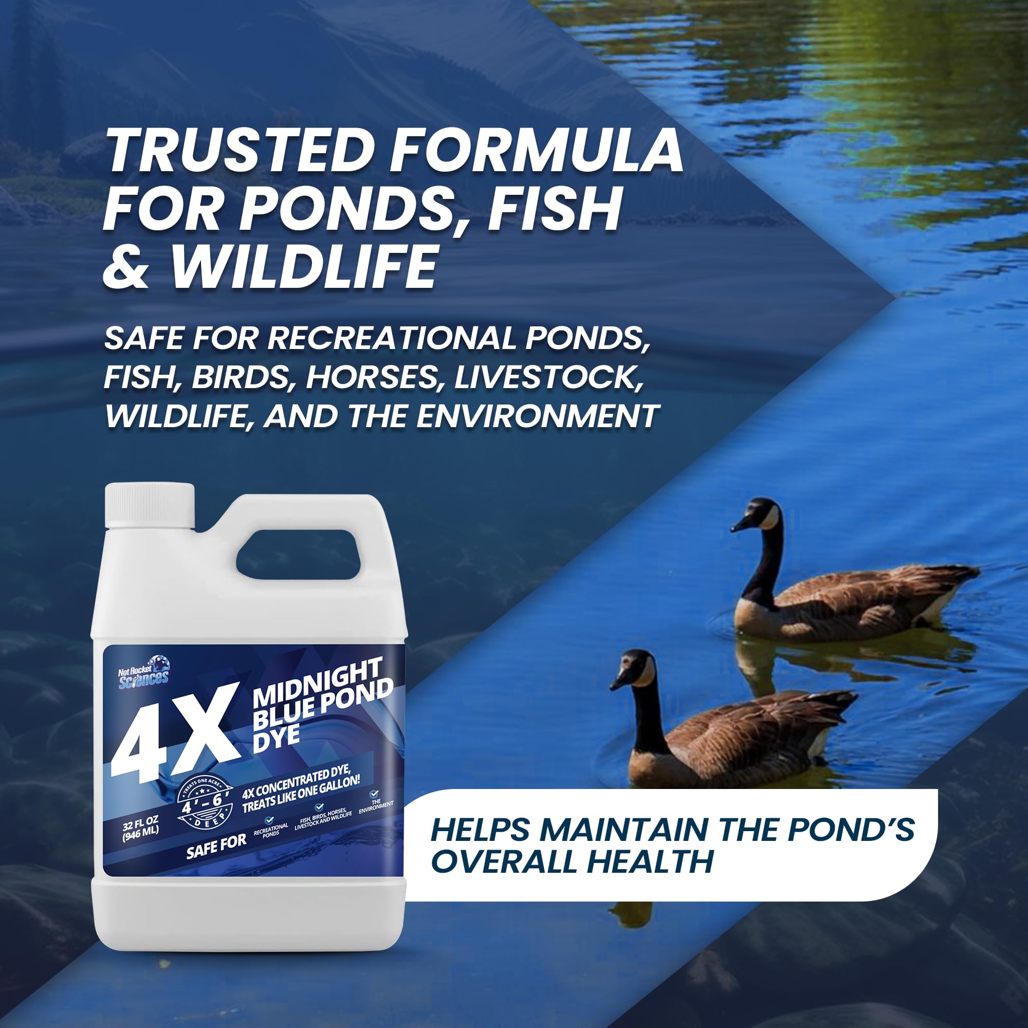 Midnight Blue Pond Dye 4X Concentrate, Dark Natural Looking Blue Pond Dye for Beautiful, Deep Blue Pond, Super Concentrate Pond Dye Blue, Protects Against Sunlight, Safe for Fish & Wildlife, 32 oz