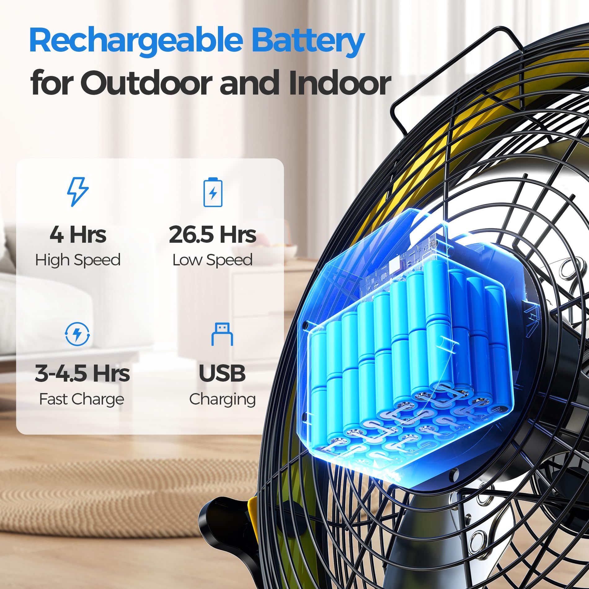 YUEMA Battery Operated Floor Fan - Rechargeable Powered Fan Cordless High Velocity Metal Blade Portable Fan for Camping Travel Patio Tent Indoor Outdoor Fan 12 Inch 360 Degree Manual Tilt 12 Speed