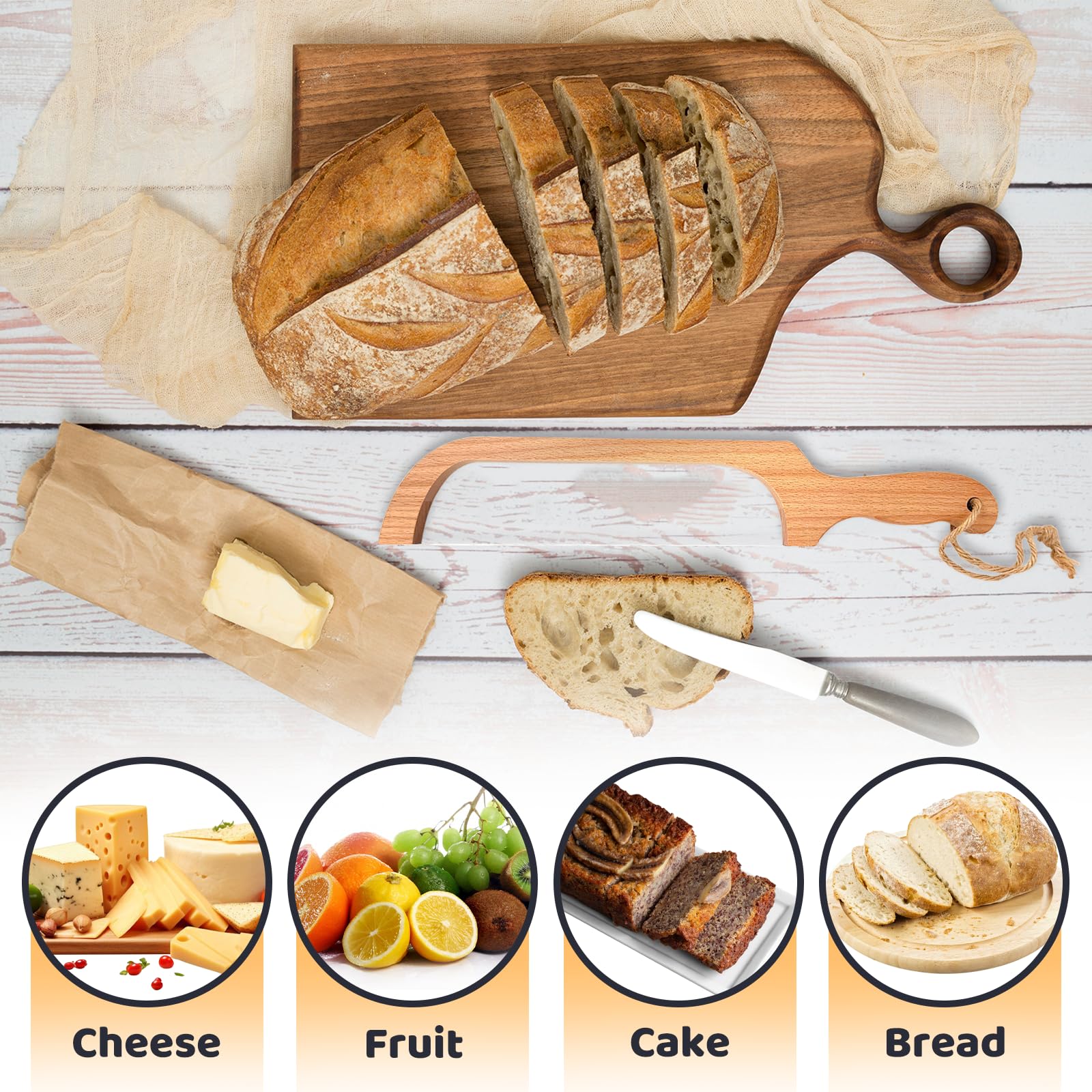 ROYOROYI Bread Slicer for Homemade Bread,16" Wooden Sourdough Bread knife with Bow Design,Premium Stainless Steel Serrated Saw Bread cutter for Bagels, Baguettes and More